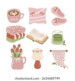 Collection of cozy life elements including a coffee cup, blanket, book, slippers, pillow, and tulips. Ideal for relaxation and home themes.
