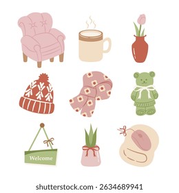 Collection of cozy life elements including a sofa, coffee, hat, scarf, teddy bear, and home decor items. Perfect for comfort and lifestyle.