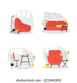 Collection Cozy living room illustration with armchair in flat style. Home decor. Colorful interior design concept.