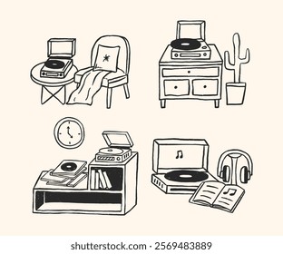 A collection of cozy minimalist line art illustrations showcasing vinyl player setups with retro vibes, plants, books, and serene decor, perfect for music and interior design themes.