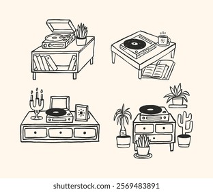 A collection of cozy minimalist line art illustrations showcasing vinyl player setups with retro vibes, plants, books, and serene decor, perfect for music and interior design themes.