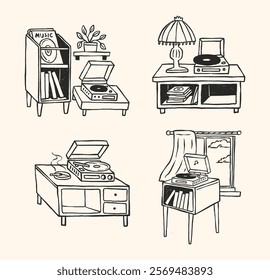 A collection of cozy minimalist line art illustrations showcasing vinyl player setups with retro vibes, plants, books, and serene decor, perfect for music and interior design themes.