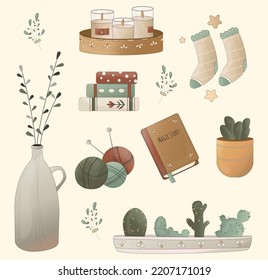 a collection of cozy stickers of household items and goodies for tea drinking