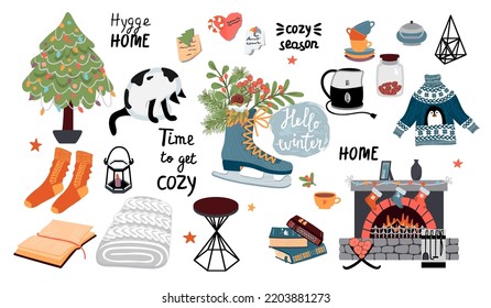 Collection of cozy things and objects .Christmas tree, socks, plaid, fireplace, skate, twigs, book, stand, kettle, cup, cookie jar, sweater.Vector flat cartoon illustration.Hygge home interior concept