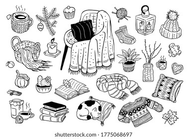 Colección de doodles vectoriales acogedores aislados en un fondo blanco. Hygge clipart de estilo escandinavo. El invierno-otoño y el conjunto navideño de símbolos de un hogar cálido y acogedor.