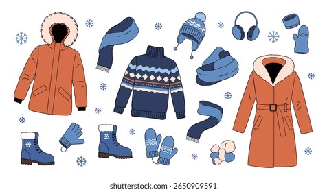 Collection of cozy winter clothing essentials for cold weather adventures and stylish warmth