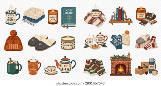 A collection of cozy winter elements including mugs, blankets, candles, books, slippers, hats, mittens, and a fireplace, perfect for cold weather comfort.