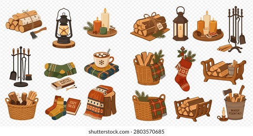 A collection of cozy winter essentials, including firewood, lanterns, candles, warm drinks, socks, and fireplace tools, perfect for a snug atmosphere.