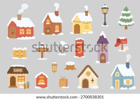 Collection of cozy winter village elements including snowy houses, lanterns, trees, and postboxes, winter village set radiates festive charm and warmth, perfect for Christmas cards, posters