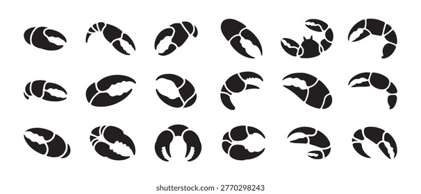 Collection of crab claw silhouettes. on a clean white background, featuring multiple angles and variations.