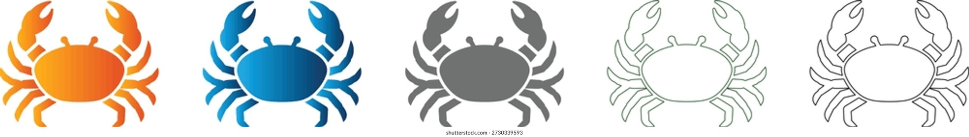 A collection of crab icons in a consistent flat design, representing the sea creature as part of a unified icon set. Isolated solid black vector graphic.