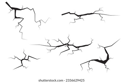 Collection of crack vectors. Collection of wall cracks. Different elements of black lightning. Ground cracks isolated on a white background