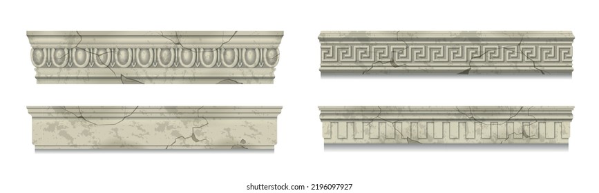 Collection of cracked ancient marble cornices with classic pattern isolated on white background realistic vector illustration