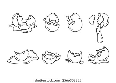 collection of cracked eggs, broken chicken eggs outline style