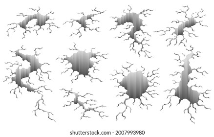 Collection of cracks after earthquake. Holes in ground and destruction cracks. Aging or dried ground effects, land destruction. Cracked ground isolated on a white background