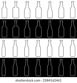 Collection of Craft beer bottles silhouettes. Outline craft beer bottles. Different styles and sizes. Vector illustration isolated on black and white background.