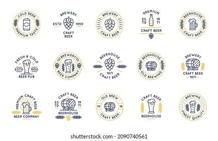 Collection of craft beer, pub and brewery logos, badges, labels. Set of 15 icons with beer-related attributes hop, beer bottle, can, glass of beer and wooden cask. Vector illustration