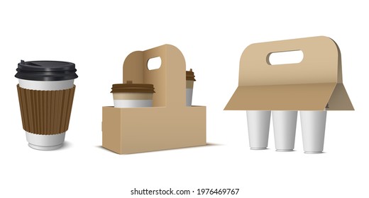 Collection of craft paper cardboard holders for hot coffee vector illustration in realistic style. Set of packaging for take away drinks in cups isolated. Brown disposable carries boxes with handles