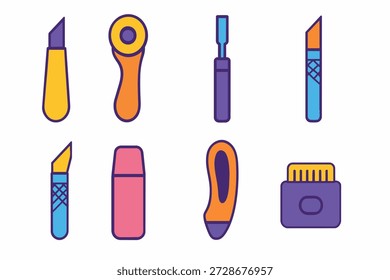 Collection of crafting tools and stationery in flat craft supplies cutting tools