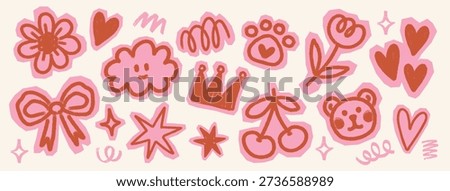 Collection of Crayon Cutout Stickers. Pink and red Kawaii style Hearts, Teddy Bear, Cherries, Stars, Ribbon Bow and other Scrapbook paper elements