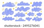 Collection of crayon drawn blue clouds and yellow cute stars in kid