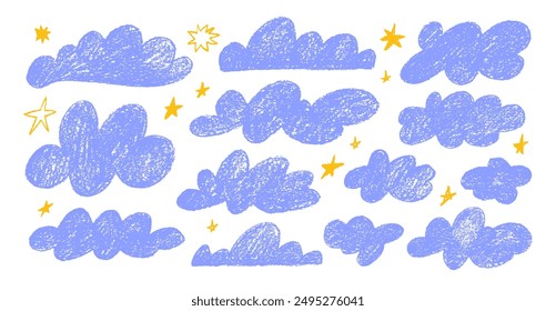 Collection of crayon drawn blue clouds and yellow cute stars in kid's style. Pencil drawings childish icons isolated on white. Hand drawn various cloud shapes. Naive style childish vector elements.