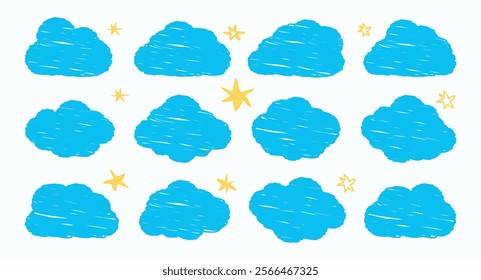 Collection of crayon drawn blue clouds and yellow stars in kid's style. Hand drawn vector kids crayon illustration. Imitation of a child's drawing with pencils on blackboard.