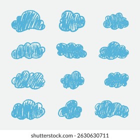 Collection of crayon drawn blue clouds in kid's style. Pencil drawings childish icons isolated on white.