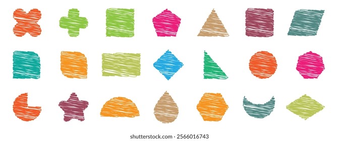 Collection of crayon drawn colorful geometric basic shapes and figures. Grunge pen scribbles collection. Hand drawn pencil or chalk texture, geometric figures.	