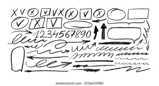 Coleção de elementos de doodle desenhados de giz de cera, sublinhados e marcas de verificação. Vários elementos de ênfase rabiscar para diagramas desenhados à mão, notas. Sublinhados lápis, crianças tiras de lápis, setas e números