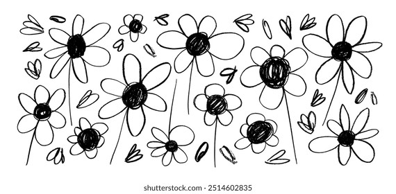 Collection of crayon drawn funky doodle daisies. Primitive chamomiles with stems and small leaves. Naive style kid's drawing. Pencil artistic botanical illustration. Punk girly style of chamomiles.