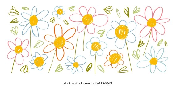 Collection of crayon drawn funky doodle daisies. Primitive chamomiles with stems and small leaves. Naive style kid's drawing. Pencil artistic botanical illustration. Punk girly style of chamomiles.