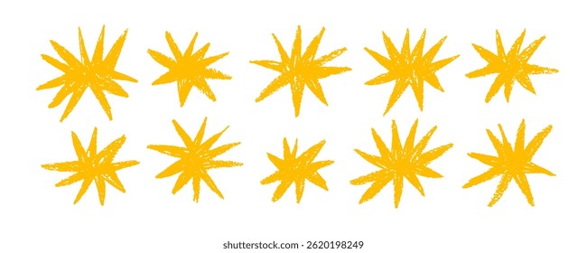 Collection of crayon drawn funky yellow stars. Fun kid star shapes. Childish drawing cosmic illustration. Set of doodle sparks and sparkles. Pencil or charcoal drawing childish vector elements.