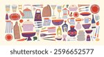 Collection of crayon drawn kitchen appliances and accessories with decorative patterns. Hand drawn vector decor for kitchen, cafes and restaurants. Multi colored sketch doodle utensils silhouettes.