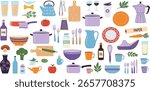 Collection of crayon drawn kitchen appliances and accessories with decorative patterns. Hand drawn vector decor for kitchen, cafes and restaurants.