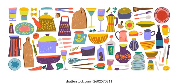 Collection of crayon drawn kitchen appliances and accessories with decorative patterns. Hand drawn vector decor for kitchen, cafes and restaurants. Multi colored sketch doodle utensils silhouettes.