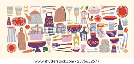 Collection of crayon drawn kitchen appliances and accessories with decorative patterns. Hand drawn vector decor for kitchen, cafes and restaurants. Multi colored sketch doodle utensils silhouettes.