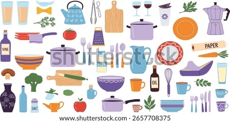Collection of crayon drawn kitchen appliances and accessories with decorative patterns. Hand drawn vector decor for kitchen, cafes and restaurants.