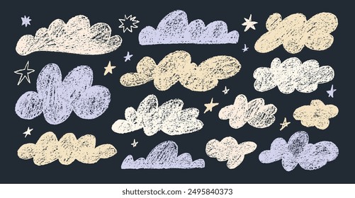 Collection of crayon drawn pastel colored clouds and cute stars in kid's style. Pencil drawings childish icons on chalkboard. Hand drawn various cloud shapes. Naive style childish vector elements.