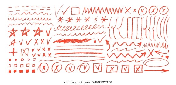 Collection of crayon drawn red underlines, brackets, dots and check marks for to do list and notes. Hand drawn pencil doodle stars, check marks, various lines for diagrams. Underline and emphasis icon