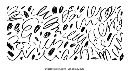 Collection of crayon drawn squiggles, curly lines and dots. Hand drawn curly strokes for notes, childish style design. Simple scribbles, doodle rough lines, dots and squiggles. Vector ink elements.