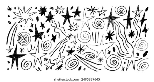 Collection of crayon drawn star shapes, comets, spirals and squiggles. Cosmic hand drawn childish icons. Doodle sketchy space shapes. Abstract pencil scribbles and squiggles, creative various stars.