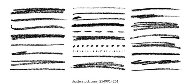 Colección crayón dibujado líneas rectas y trazos de lápiz. Horizontales líneas ásperas, trazos de carbón. Calibre los garabatos rectos para subrayar el texto o las notas dibujadas a mano. Destacadores ásperos.