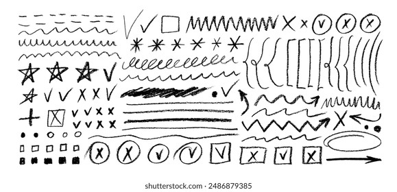 Collection of crayon drawn underlines, brackets, dots and check marks for to do list and notes. Hand drawn pencil doodle stars, check marks, various lines for diagrams. Underline and emphasis elements