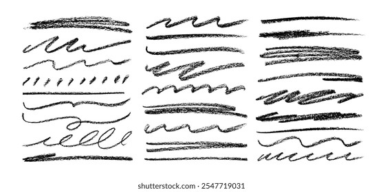 Collection crayon strikethrough lines and waves. Set of different doodle underlines, charcoal strikes for hand drawn notes. Horizontal marker or crayon stripes, curly lines, pencil dividers.