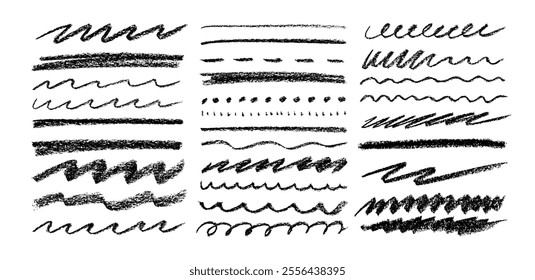 Collection crayon strikethrough lines and waves. Set of different doodle underlines, charcoal strikes for hand drawn notes. Horizontal marker or crayon stripes, curly lines, pencil dividers.