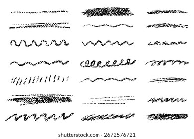 Kollektion von durchgestrichenen und gewellten Linien. Handgezeichnete horizontale Doodle-Striche für Notizen, Teiler und Skizzendesign.