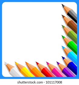 collection of crayons on white background in blue frame - vector illustration