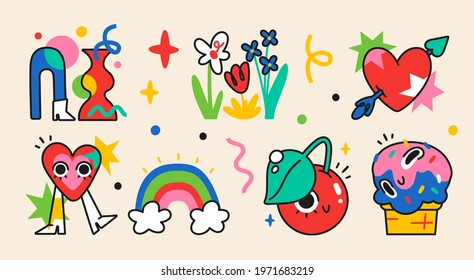 Collection of crazy Abstract comic characters elements and shapes. Bright colors Cartoon style. Vector Illustration