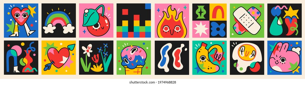 Collection of crazy Abstract comic characters elements and shapes. Bright colors Cartoon style. Vector Illustration - Shutterstock ID 1974968828